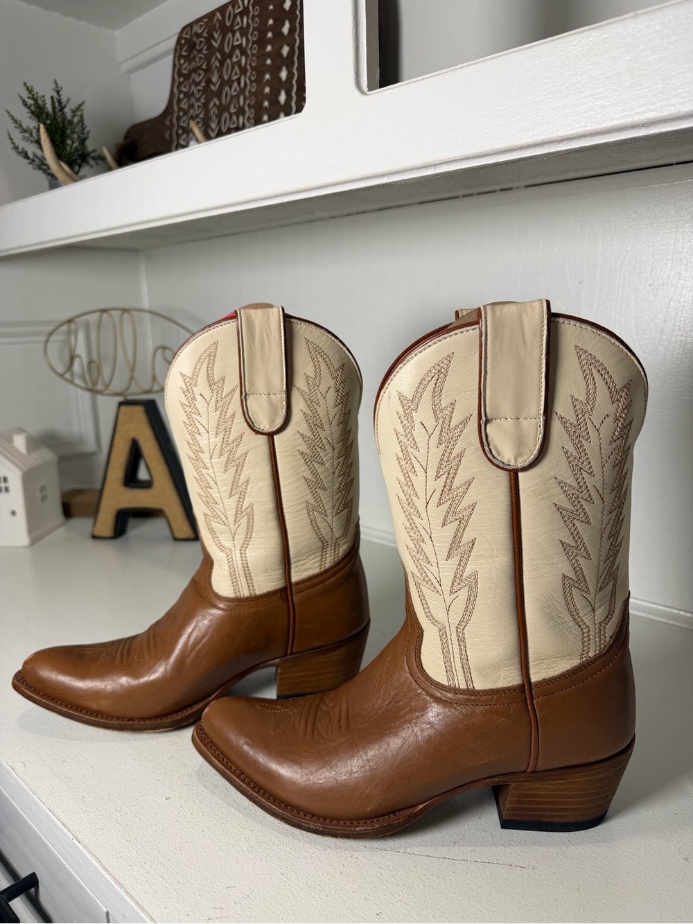 Macie Bean Womens 7.5M Brown Cream Leather Cowboy Boots Western Mexico
